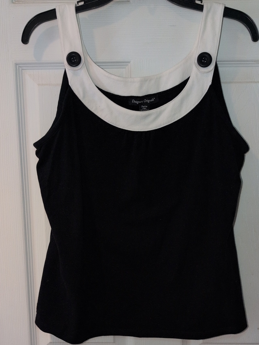 Designers Originals Black Tank Top with White Scoop Trim and Button Details